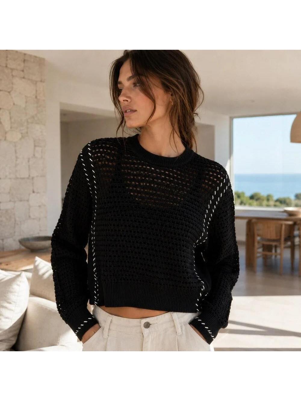 Varley Elkin Sweater | Black Open Knit Whipstitch | M